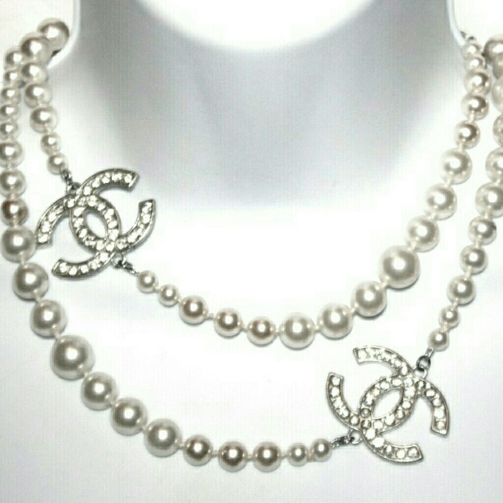 Chanel Glass Pearls w/2 Crystal CC Logos Necklace